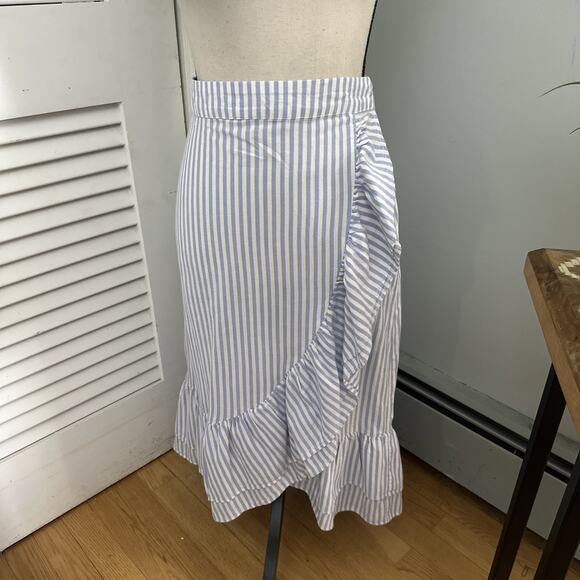 GAP Womens Skirt 10 Blue Striped Faux Wrap Ruffle Midi Summer Preppy Coastal - Picture 1 of 8